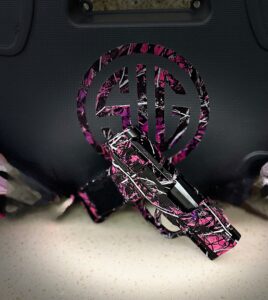 Right side view of new and always available SIG SAUER p365 manual safety 9m pistol customized in Muddy Girl pattern with matching gun case