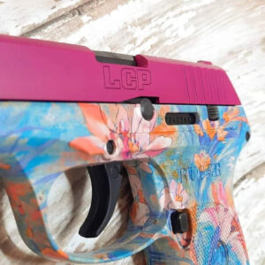 custom pink and magenta on floral flower pattern hydrographic processed by Pinkgun.com. Cerakote used for slide internals