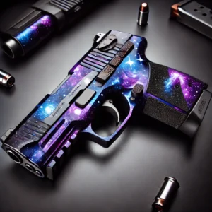 Custom semi-automatic handgun with a galaxy design in purples, blues, and black, featuring stars and cosmic swirls. From the "Customize My Gun" collection