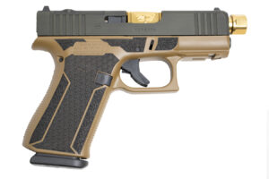 Right side view of Glock 43X MOS 9mm pistol featuring a gold threaded barrel, distressed slide, and custom laser-stippled FDE frame.