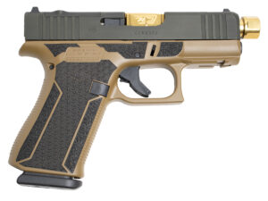 Right side view of Glock 43X MOS 9mm pistol featuring a gold threaded barrel, distressed slide, and custom laser-stippled FDE frame.