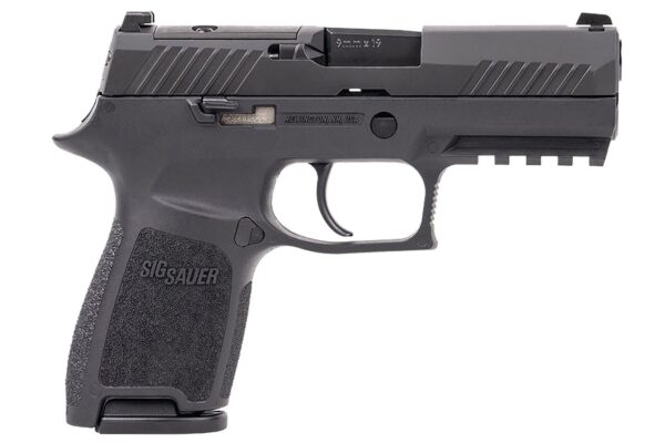 Sig Sauer P320 Compact 9mm pistol displayed in a right-side view, highlighting its durable construction and ergonomic grip design.