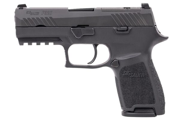 Sig Sauer P320 Compact 9mm pistol in a left-side view, focusing on its sleek design and modular construction.