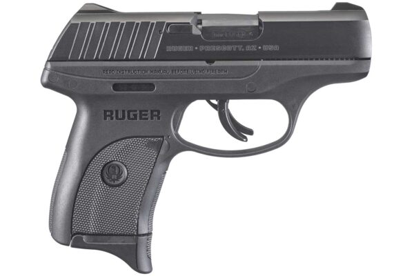 Ruger EC9s 9mm striker-fired pistol with a black alloy steel slide and integrated sights.