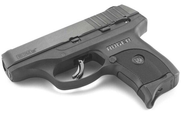 Ruger EC9s 9mm pistol angled view displaying the trigger, textured grip, and sleek profile.