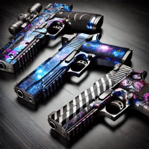 Three customized firearms with futuristic and galaxy-inspired designs showcased on Pinkgun.com. Part of the Customize my gun collection