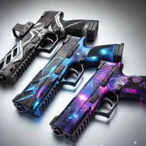 Three customized firearms featuring futuristic, floral, and galaxy-inspired patterns, showcasing bold and artistic designs for personalized firearms. Part of the Customize my gun collection