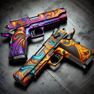 Two customized pistols from the customize my gun collection. Both featuring hydrographic designs, one in bold orange and purple swirls and the other in a striking yellow and teal geometric pattern, displayed on a dark metallic background.