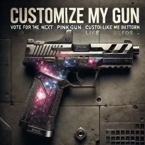 Cover image for the Pinkgun blog post titled 'Vote for the Next Pinkgun Custom Pattern Like Never Before,' featuring a modern firearm with a Galaxy Edition pattern set against a tactical background of rugged textures and metallic elements.