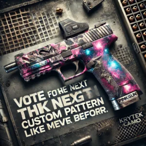 Image for the Pinkgun 'Vote for Your Favorite' campaign, showcasing custom pistols with patterns like Galaxy Edition, Kryptek Tactical, and Electric Camo against a tactical background with rugged textures. 