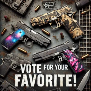 Promotional image for the Pinkgun campaign, 'Vote for Your Favorite,' featuring concealed carry, sub-compact, and medium-sized pistols with custom patterns like Galaxy Edition, Kryptek Tactical, and Electric Camo. The pistols are arranged against a tactical background with rugged textures and metallic accents. From the customize my gun vote collection 