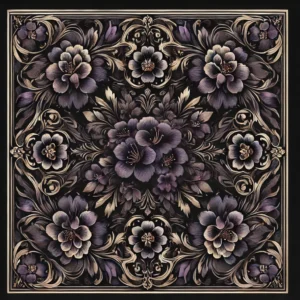 Square pattern design featuring a Midnight Floral theme with a black background, dark violet, and metallic gold floral motifs, intended for professional water transfer printing. From the customize my gun vote collection 