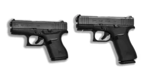 Side-by-side comparison of Glock 43 and Glock 43x pistols showcasing size differences.