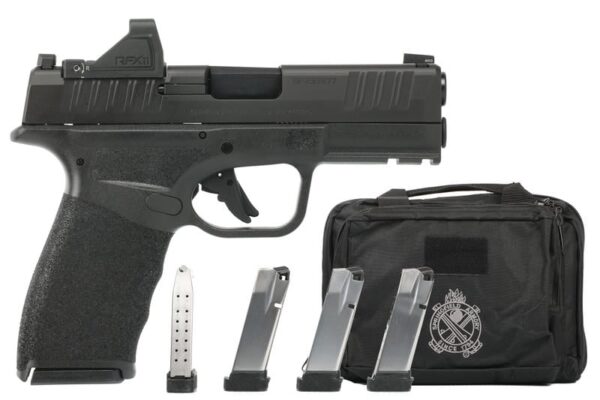 Springfield Armory Hellcat Pro OSP 9mm with Viridian RFX Green Dot Sight, four 17-round magazines, one 15-round magazine, and Springfield-branded pistol bag.