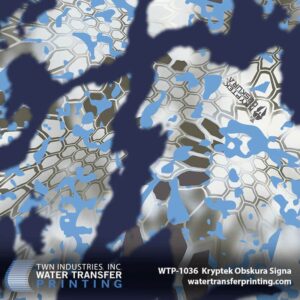 Kryptek Obskura Signa hydrographic film pattern featuring a camouflage design with intricate hexagonal shapes, shades of blue, gray, and white, ideal for water transfer printing applications. From the customize my gun voting collection 