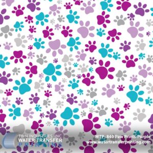 Hydrographic film pattern featuring colorful dog and puppy paw prints in shades of purple, teal, and gray on a white background, ideal for water transfer printing applications. From the customize my gun collection online vote