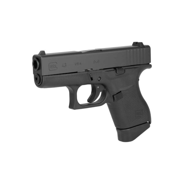 Angled view of Glock 43 with single-stack magazine and aggressive textured grip.