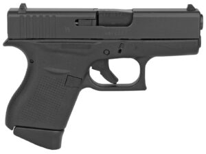 Glock 43 single-stack 9mm pistol with fixed sights and beavertail grip design.