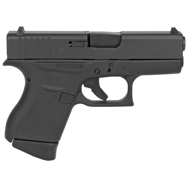 Glock 43 single-stack 9mm pistol with fixed sights and beavertail grip design.