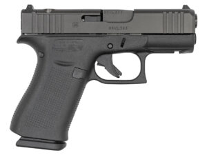 Reverse view of the Glock 43X MOS 9mm pistol with accessory rail and black polymer frame.