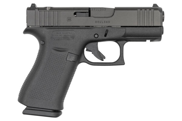 Reverse view of the Glock 43X MOS 9mm pistol with accessory rail and black polymer frame.