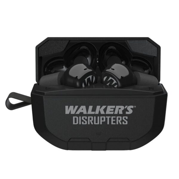 Front view image of the Walker's Disrupter Bluetooth Earbuds tucked inside the included charging case