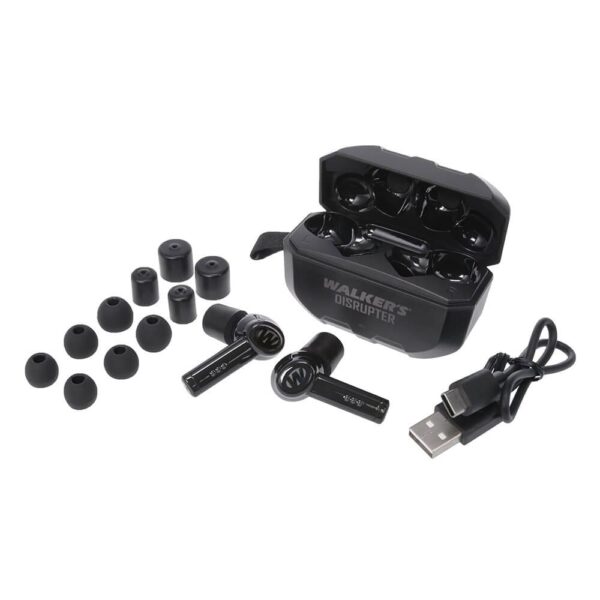 Front view image of the Walker's Disrupter Bluetooth Earbuds and all it's included accessories such as extra rubber ear covers, power cord, charging case, and the ear buds themselves all laid out for viewing