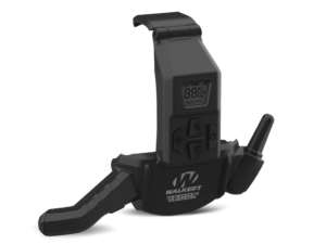 walker's recon bluetooth walkie talkie view from the front angle that showcases the digital screen and buttons.