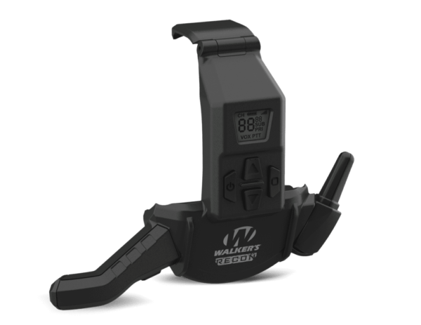 walker's recon bluetooth walkie talkie view from the front angle that showcases the digital screen and buttons.