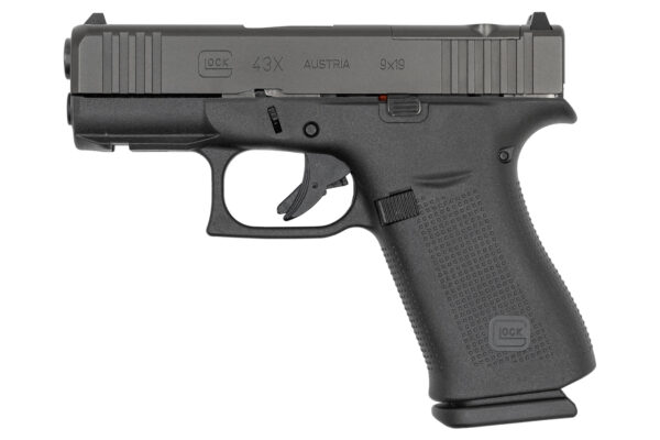 Side profile of Glock 43X MOS 9mm pistol with 10-round magazine and black polymer frame.