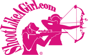 Image of the Logo relating to women's shooting group "Shoot Like A Girl" featuring a pink bow and arrow and a pink gun with pink logo letters