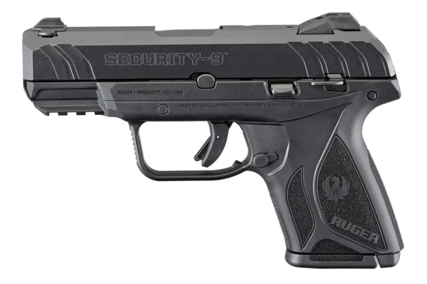 Side profile of the Ruger Security-9 9mm compact pistol featuring a manual safety and ergonomic grip.