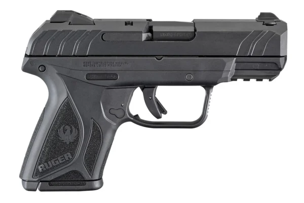 Right-side view of the Ruger Security-9 9mm compact pistol, highlighting detailed slide markings and a comfortable grip.