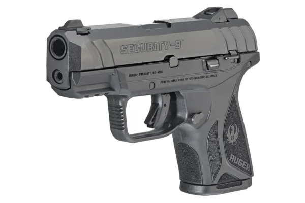 Angled view of the Ruger Security-9 9mm compact pistolshowing the muzzle, trigger guard, and textured panels.