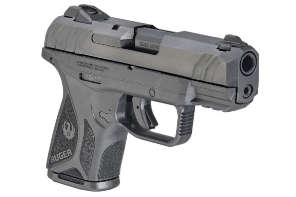 Close-up of the front left side of the Ruger Security-9 9mm compact pistol, showcasing its barrel and slide serrations.