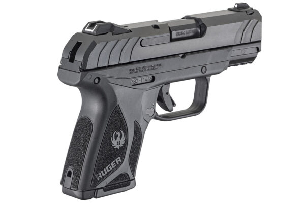 Rear angled view of the Ruger Security-9 9mm compact pistol showcasing its textured grip and rear sight alignment.