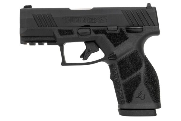 Side view of the Taurus GX2 9mm pistol showcasing its ergonomic grip, manual safety, and matte black finish.